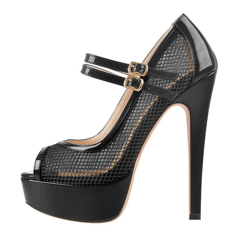 Onlymaker Women  Peep Toe High Heels Sexy Slim Heel Mesh Dress Stilettos Buckle Straps Platform Pumps