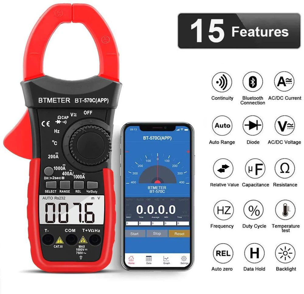 BTMETER BT-570CAPP Digital AC DC Clamp Multimeter Auto-ranging APP Bluetooth Measures Current, Voltage, Resistance, Capacitance