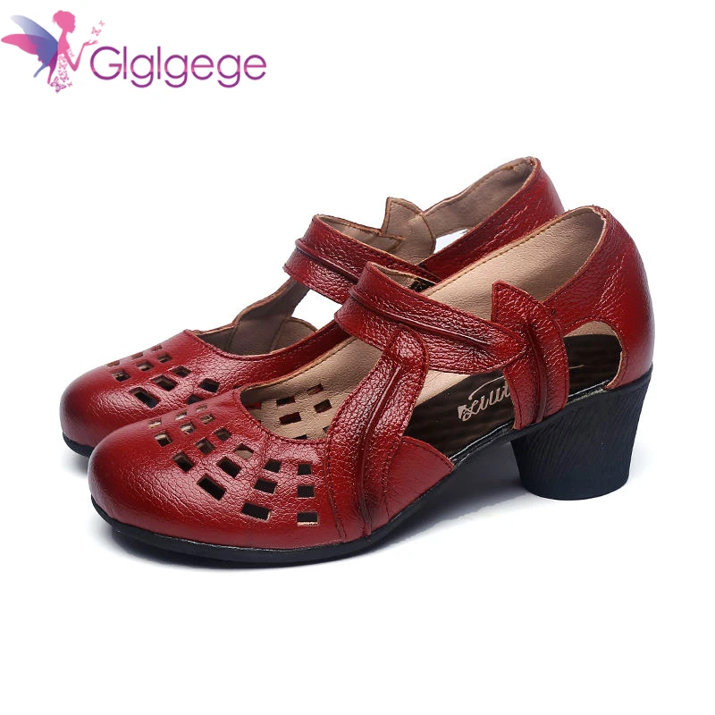 Glglgege Summer Pumps Women Shoes Sandal High Quality Slip-On Shallow Genuine Leather sandals  With Mid Heel Shoes