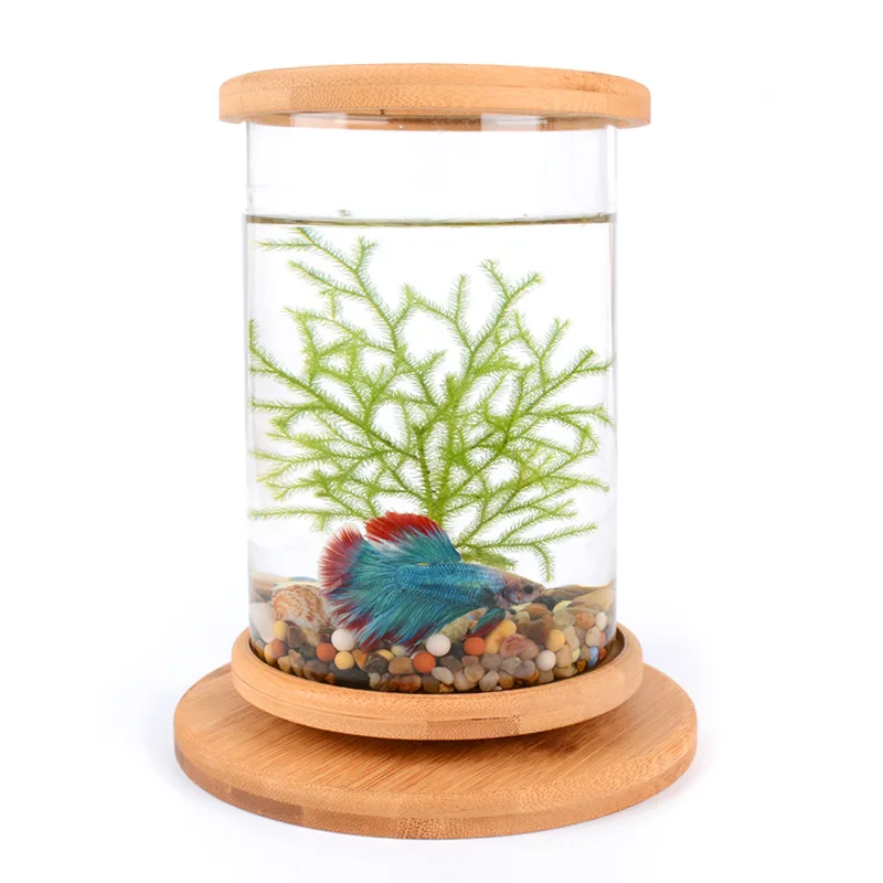 360 Degree Rotating Glass Betta Fish Tank Bamboo Base Mini Fish Tank Decoration Rotate Fish Bowl Aquarium Accessories