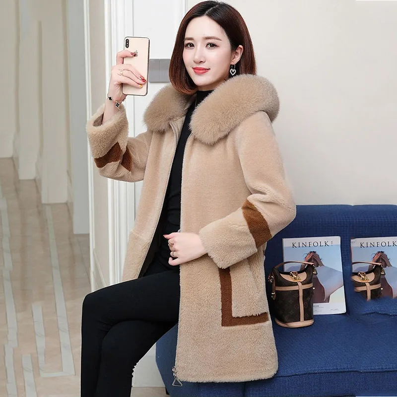 Mode Frauen Jacke NiceWinter Pop Imitieren Fell Schafschur Mantel Große Pelz Kragen Dicke Warme Mid-länge Mit Kapuze Weibliche outwear