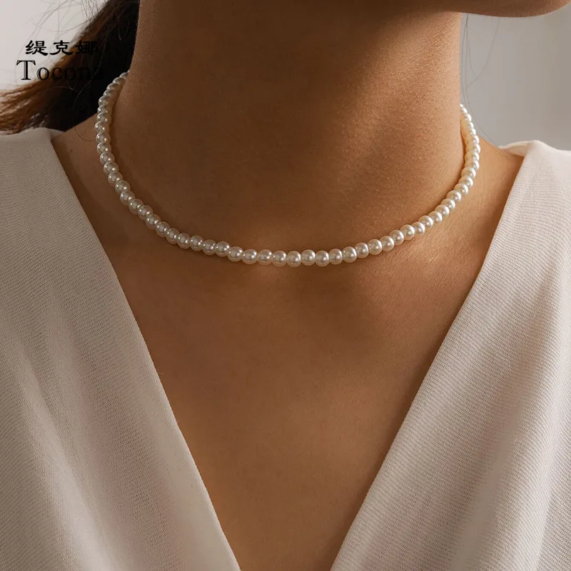 Tocona Elegant Big White Imitation Pearl Beads Choker Clavicle Chain Necklace for Women Wedding Jewelry Gift Collar 15365