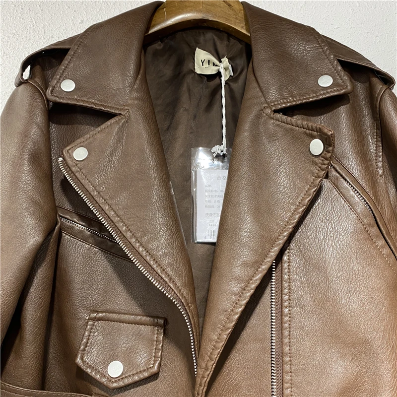 Veste de Motard en Faux Cuir pour Femme, Streetwear Court et Décontracté, avec Fermeture Éclair Oblique, Taille Fine, à Lacets, Printemps Automne