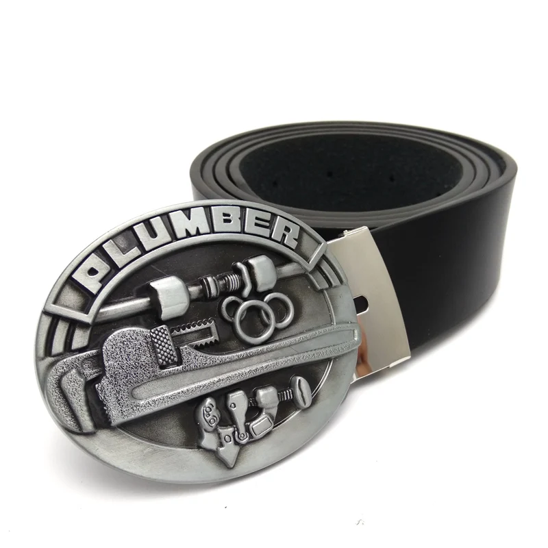 

New Fashion Men's Black PU Leather Belt with Plumber Worker Logo Metal Belt Buckles For Men Jeans Cowboy Cinto Masculino