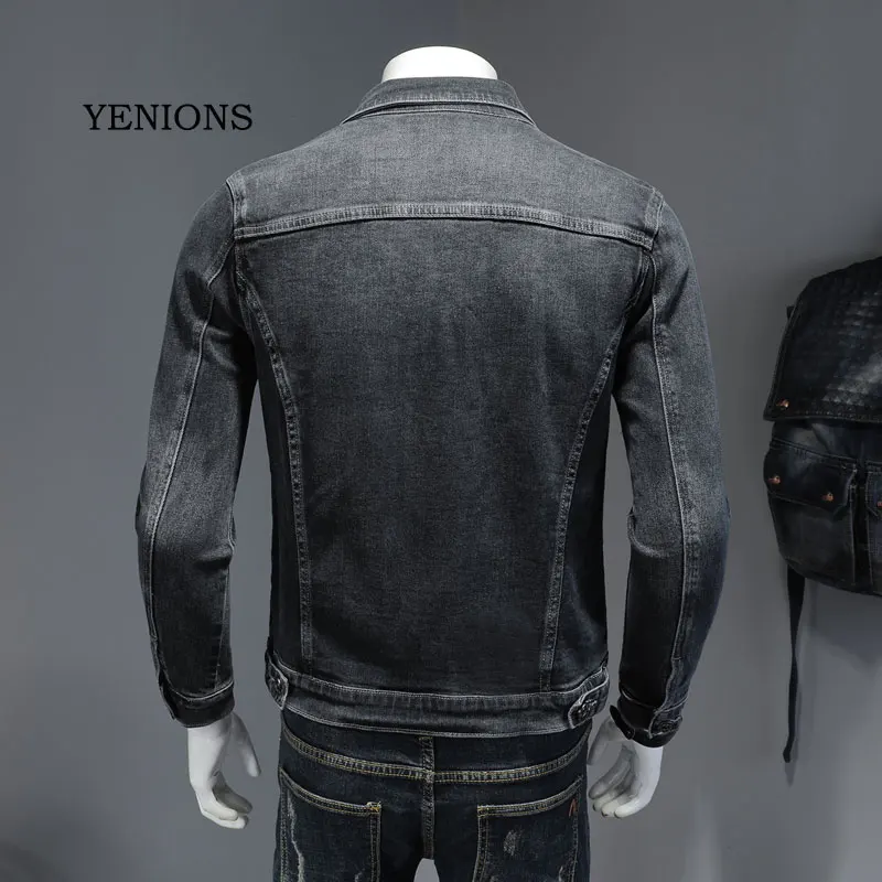 Spring Men Denim Jacket Blue Gray Cotton Turndown Collar Long Sleeve Slim Clothes Motorcycle Cowboy Jeans Coat Male Brand