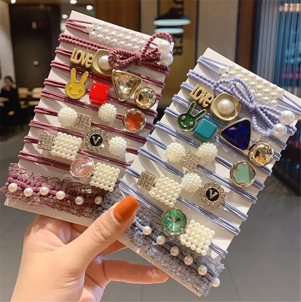 New Women Girls Elegant Flower Pearls Cube Ball Basic Elastic Hair Bands Set Sweet Rabbit Hair Scrunchies Rings Hair Accessories