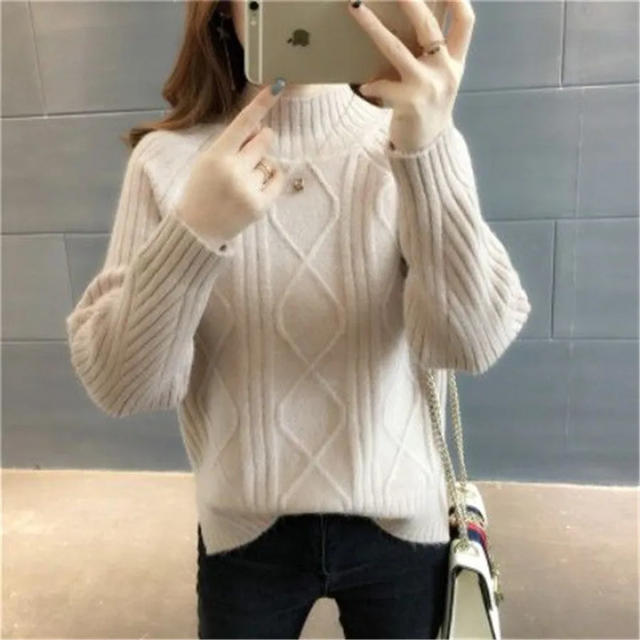 Sweater Rajutan Wanita Lengan Panjang Pullover Rajutan Turtleneck 2021 Atasan Jumper Wanita Solid Longgar Musim Gugur & Musim Dingin Korea