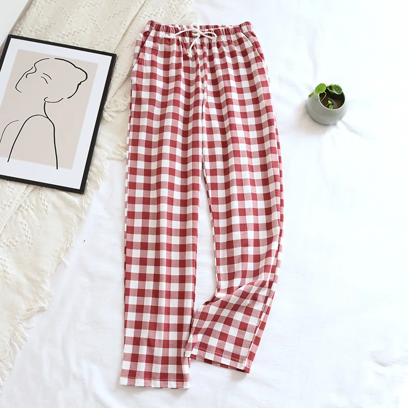 Pantalones de pijama sueltos de algodón a cuadros para mujer y hombre, pantalones de dormir, ropa de salón, primavera y verano, novedad