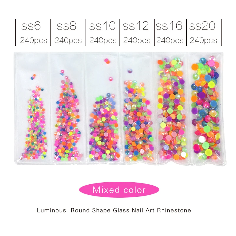 

6bag 1400pcs Luminous Mix Size Fluorescence Crystal Nail Art RhinestonesGlitter Glass Gem neon 3D Flatback Strass Decorations