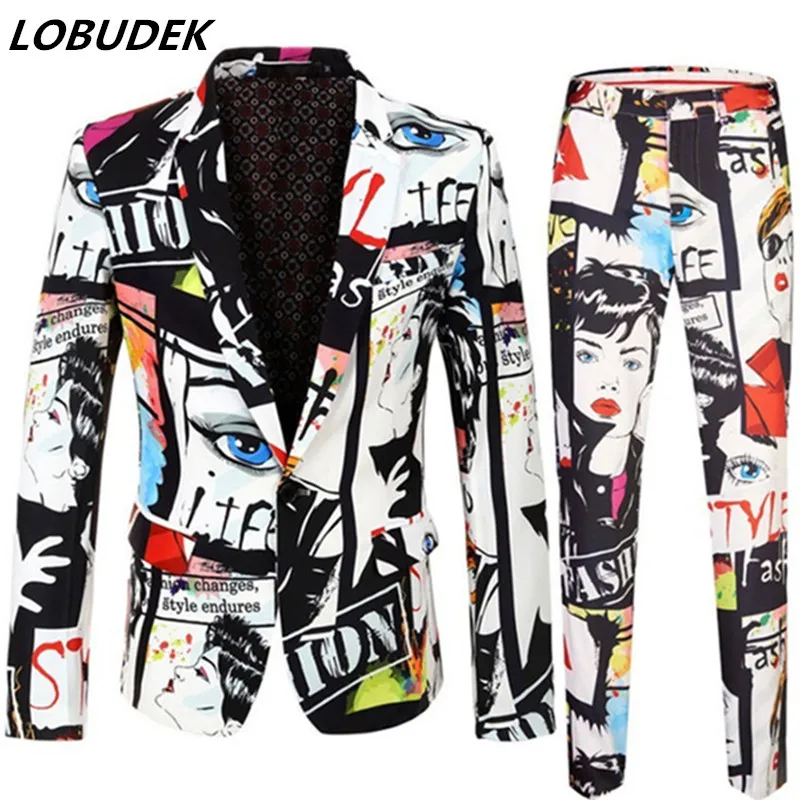 

Men's Graffiti Suits Print Blazer Pants 2 Pieces Set Fashion Party Korean Style Prom Costume Bar Nightclub Singer Stage Suit