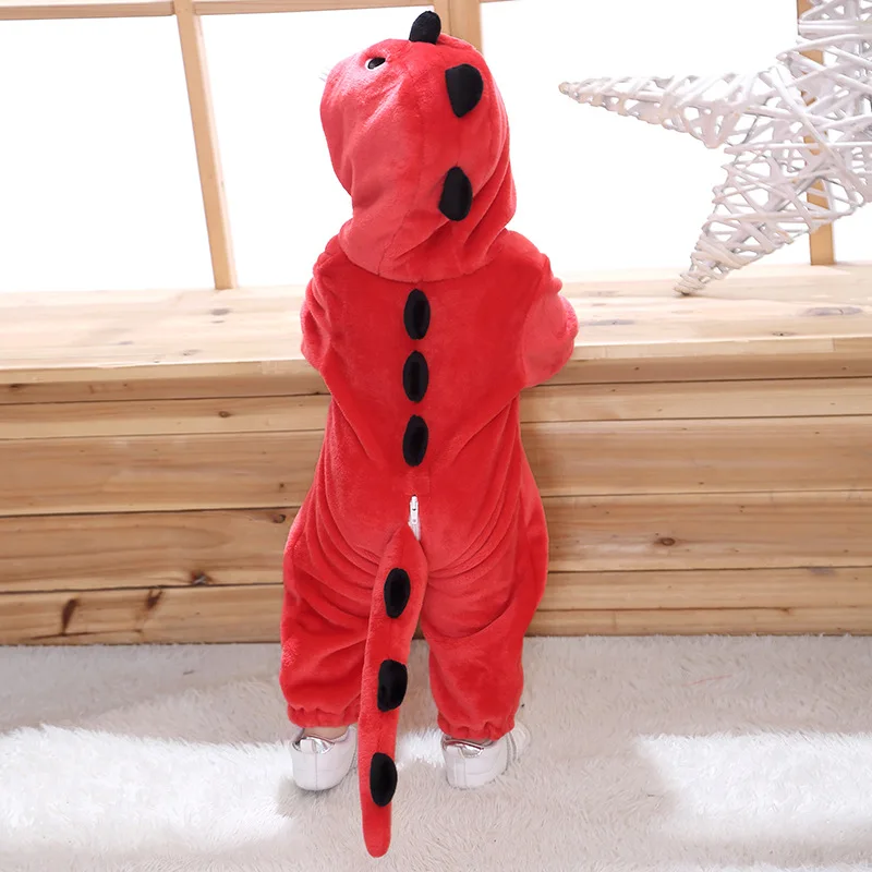 Hot Baby Animal Red Dinosaur Pajamas Long Sleeve Cute Anime Rompers Hooded For Boys Girls Fantasia Warm Cotton Winter Clothes