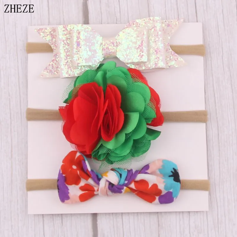 3Pcs/Set Hot Sales Newborn Nylon Headband With Red Green Flower Sequins Hair Bow Hairband Baby Christmas Decoration Headwear