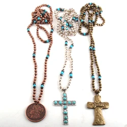 Fashion Bohemian Tribal Jewelry 6mm Metal Beads / Turq Long Knotted Metal Cross Pendant Necklaces