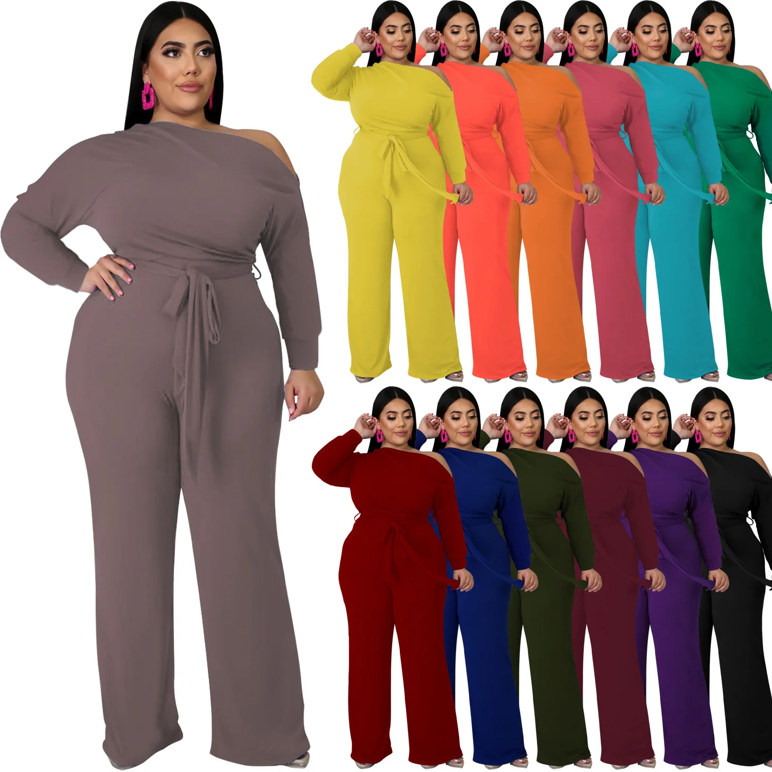 Women\'s Clothing Plus Size Sets Fall Solid Color Oblique Shoulder Wide Leg Flared Pant 2021 Two-Piece Suit Urban Fashion Casual