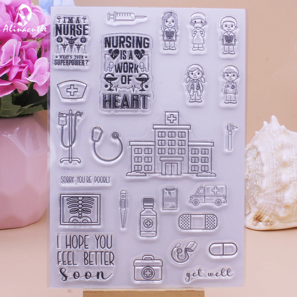 Alinacutle Clear Stamps Doctor Hospital Get Well Soon Scrapbooking Card Album Paper Craft Rubber Transparent Silicon Stamps