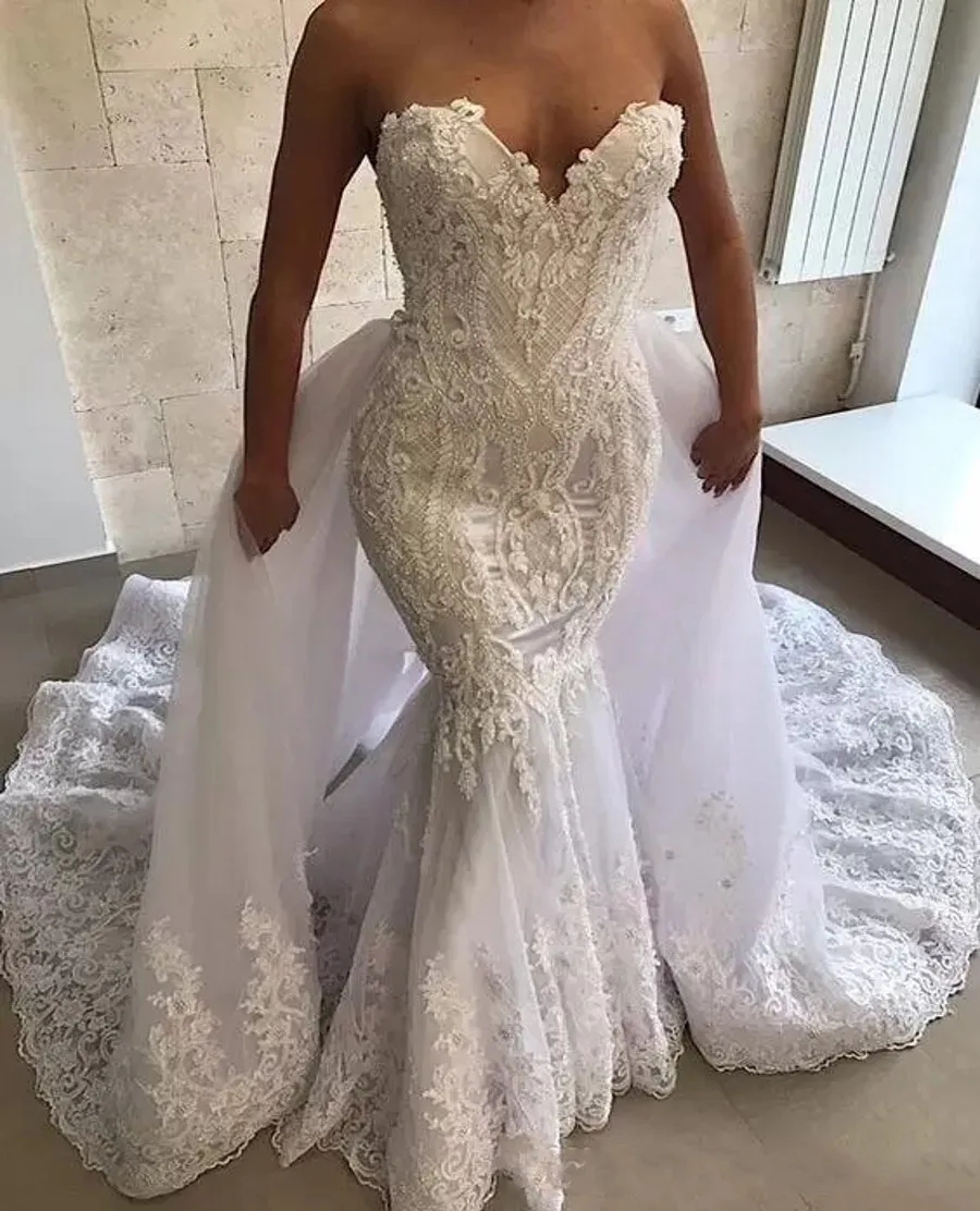 

Hot Sweetheart Lace Appliques Mermaid Wedding Dresses 2025 Sexy With Detachable Train Long Beads Bridal Gowns Vestidos Mariee