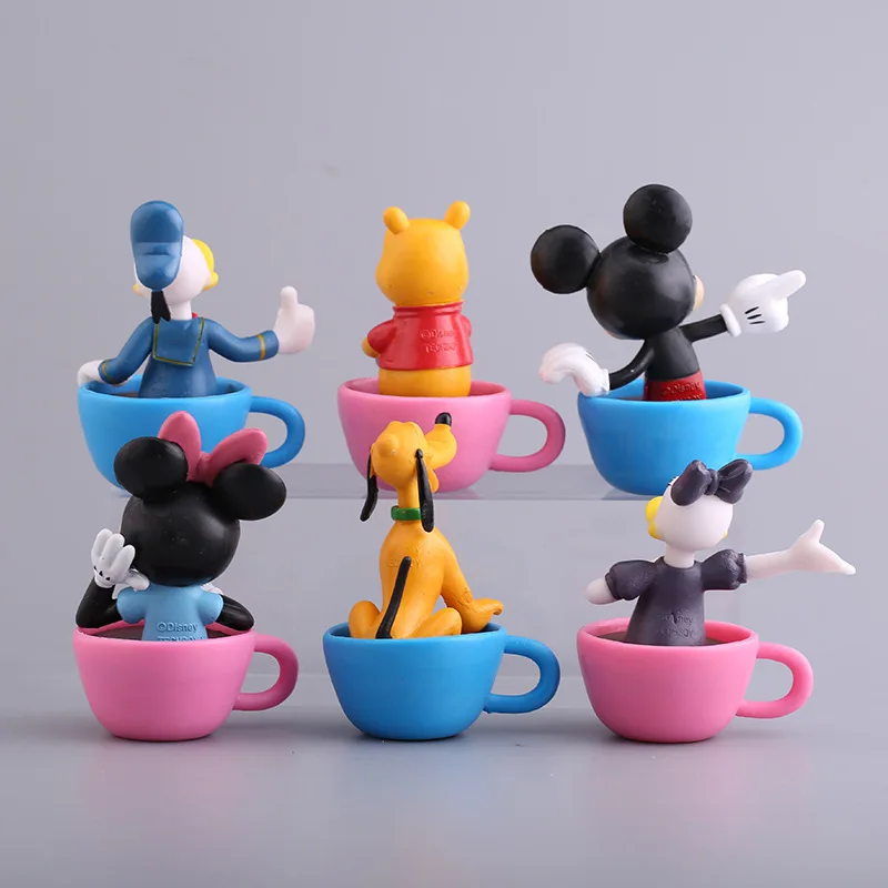 6PCS Set Disney Figure Toys Mickey Mouse Minnie Donald Duck With Cup Cute Ornaments Birthday Gifts