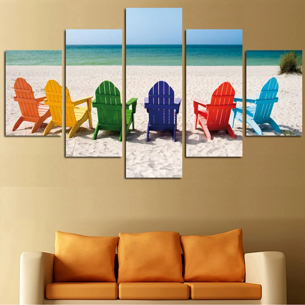 5 Pieces Wall Art Canvas Painting Sun Beach Seascape Poster Chairs Various Colors Modern Living Room Home Modular Decoration