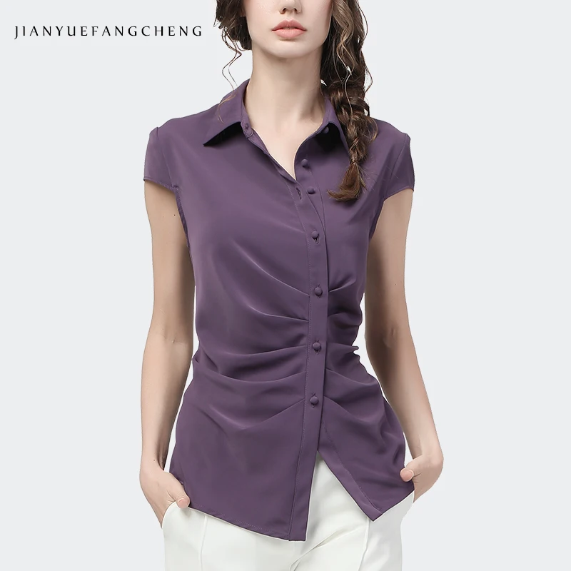 Elegant Shirred Womens Short Sleeve Button-Down Dress Shirt Purple Turn-Down Collar Summer Top Fashion Slim Casual Office Blouse