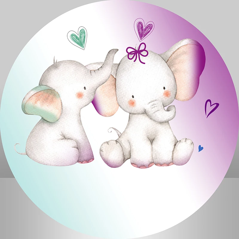 Baby Elephant Gender Reveal Round Backdrop Cover Boy Or Girl Baby Shower Twins 1st Birthday Background Plinth Covers Customized