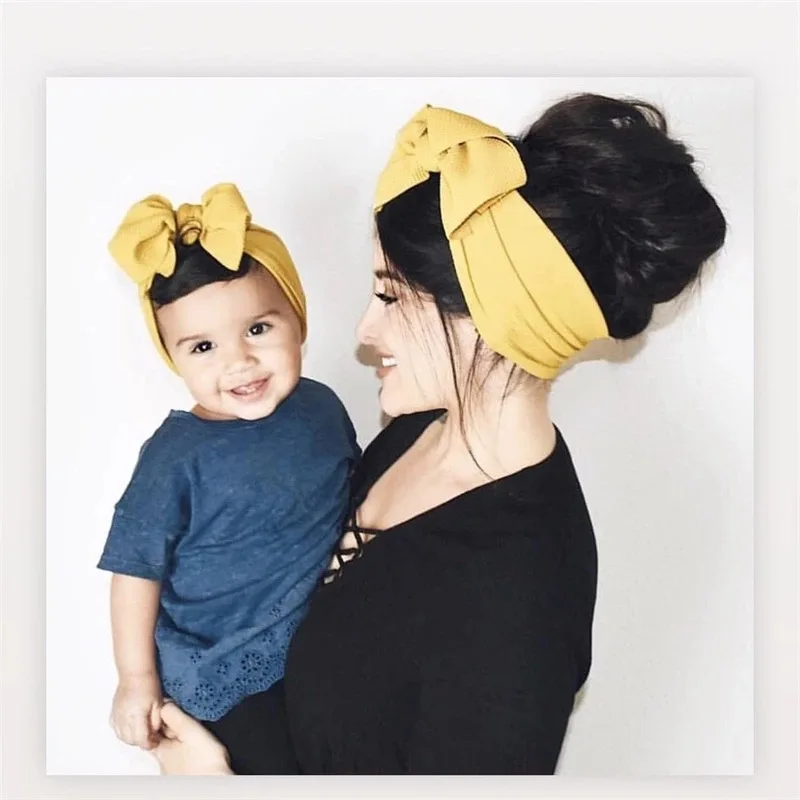 

2pcs/set Mother And Baby Headband Baby Girls Big Bow Headband Stretch Turban Knot Head Wraps Mom & Baby Hair Accessories