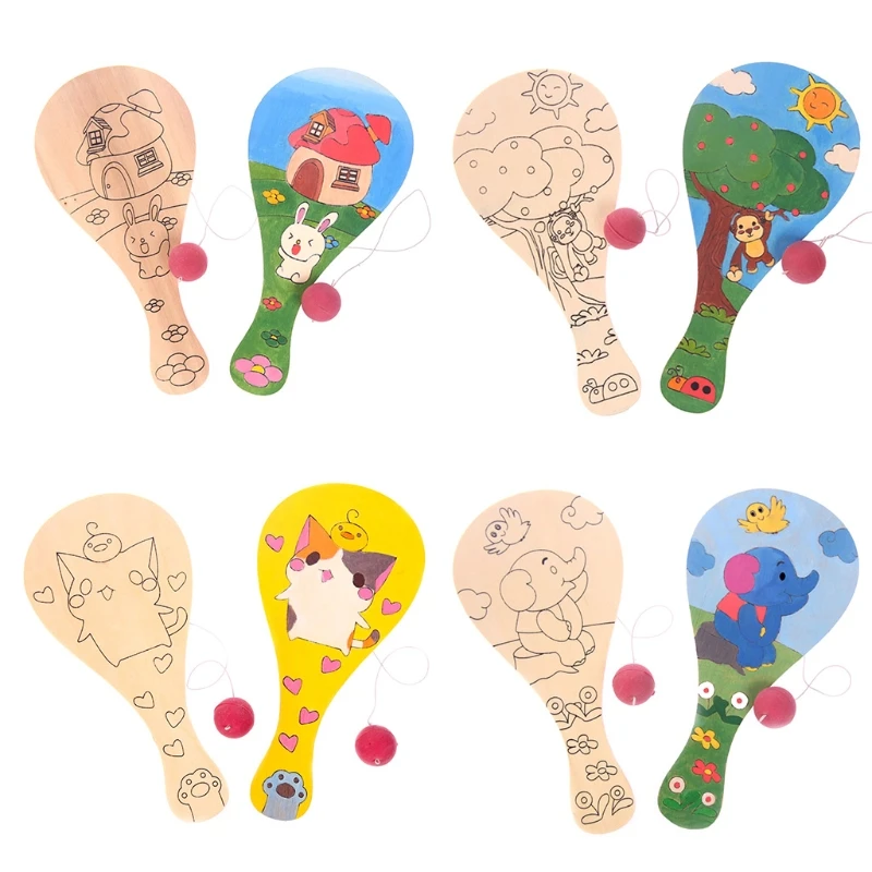 1Pc 4Patterns Paddleball Toddler Montessori Educational Racket Early Learning Toy Teaching Racket Interactive DIY Racket