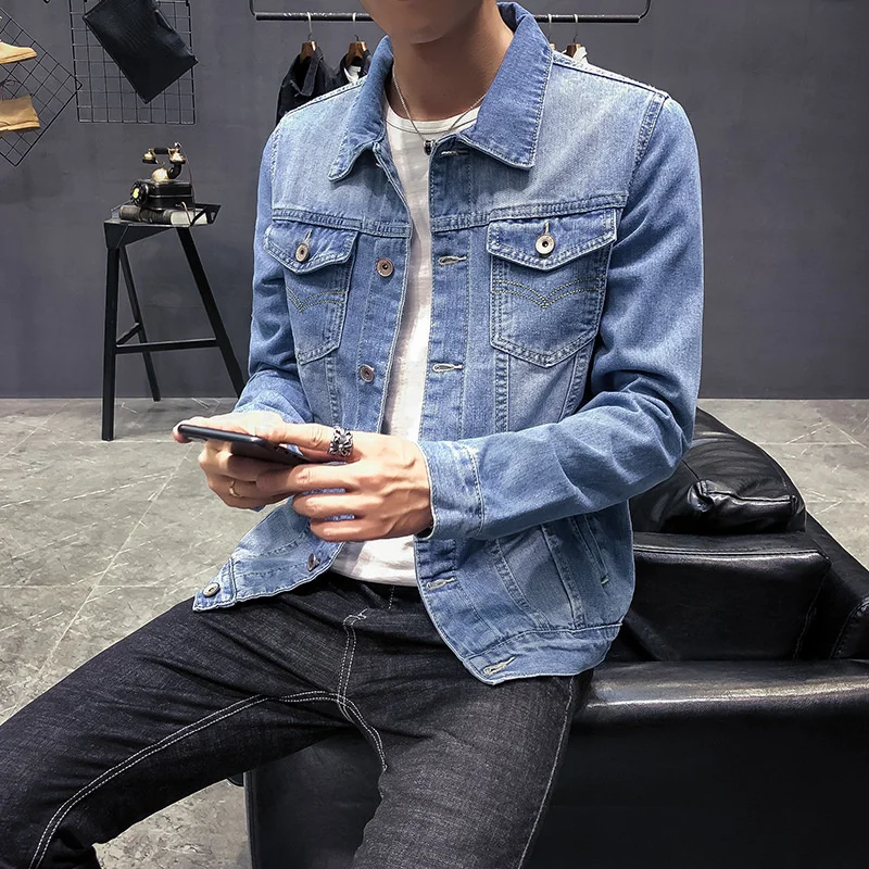 Spring Autumn Men's Slim Denim Jacket Floral Casual Lapel Classic Single Breasted Small fresh All-match Personality Fashion