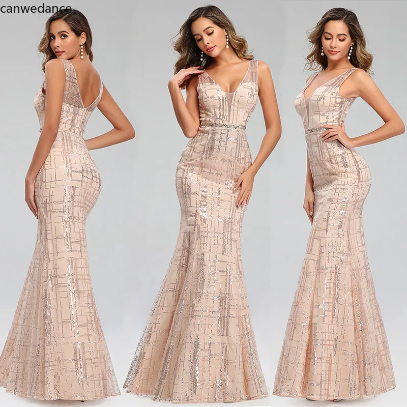 

2020 Sexy Mermaid Evening Dresses Sequined Deep V-neck Sleeveless Striped Sparkle Formal Dresses Abendkleider