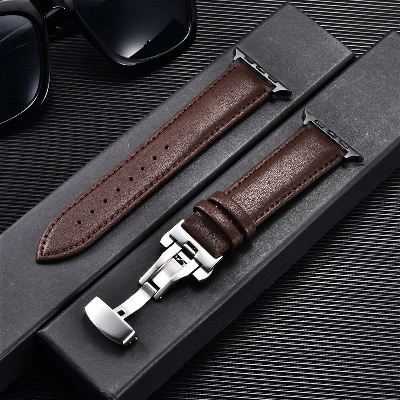 Leder-Uhrenarmbänder für Apple Watch 8, 7, 6, 5, 4, 3, SE, Schmetterlingsverschluss, Ersatz-Armband, 38/40/41 mm, 42/44/45 mm, Band für iwatch – Detail 11