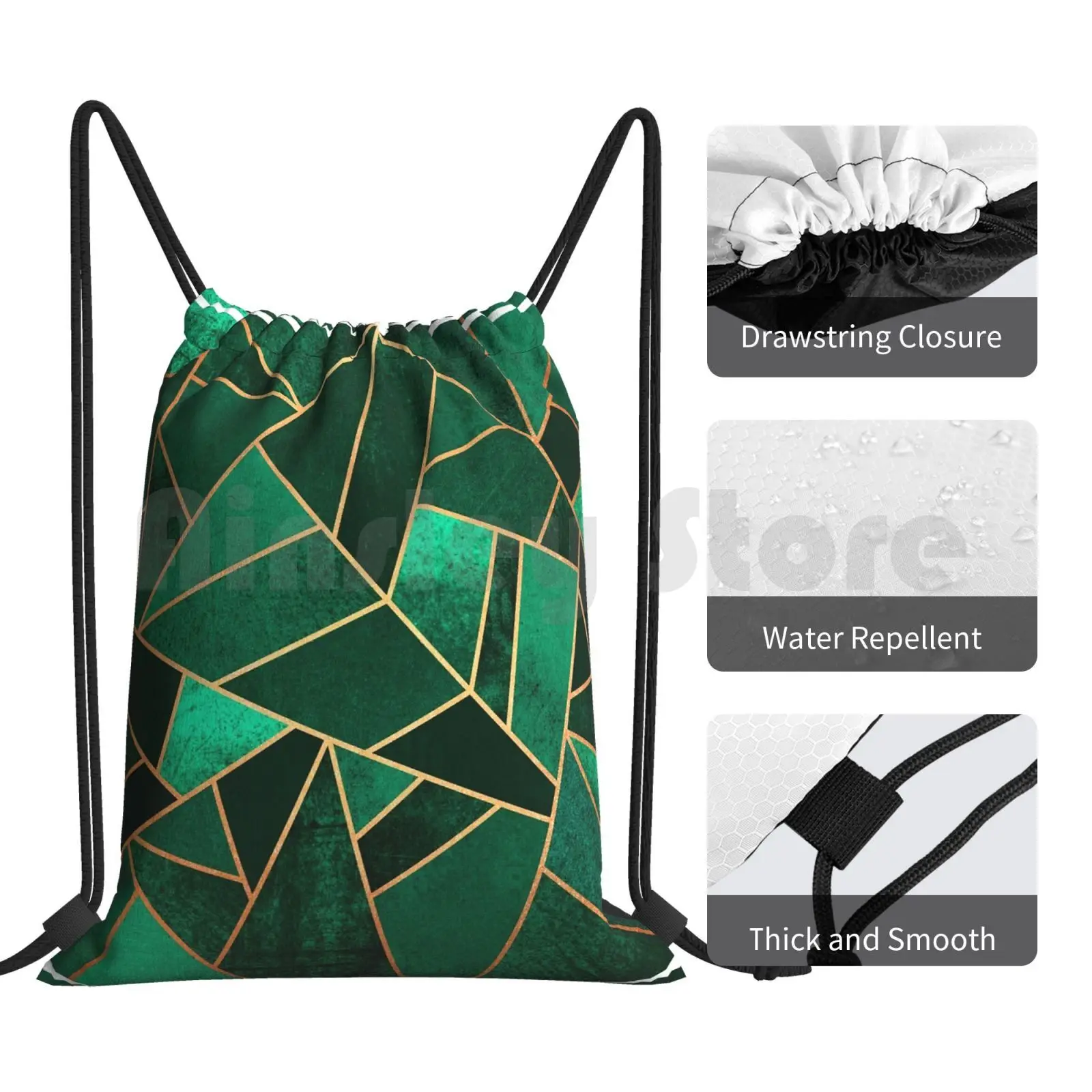 Drawstring Mochila com padrão gráfico, padrão geométrico mosaico, esmeralda e cobre, equitação escalada e Gym Bag, linhas abstratas