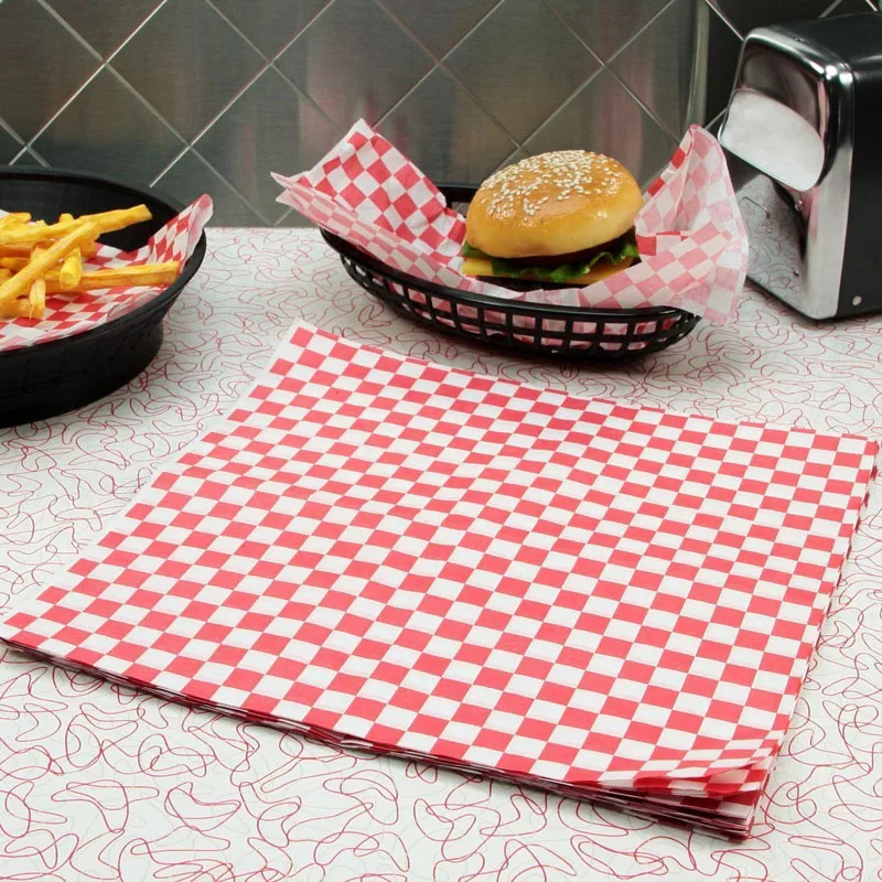 

Red White Checkered Dry Wax Deli Paper Sheets Grease Resistant Burger Food Basket Liner for Burrito Omelette Patties Taco