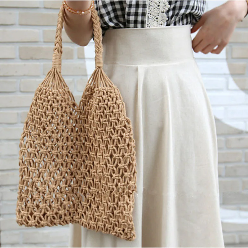 New Hollow Out Shoulder Bags Fashion Cotton Rope Fishing Net Bag Women\'s Knitting Handbag Summer Beach Totes