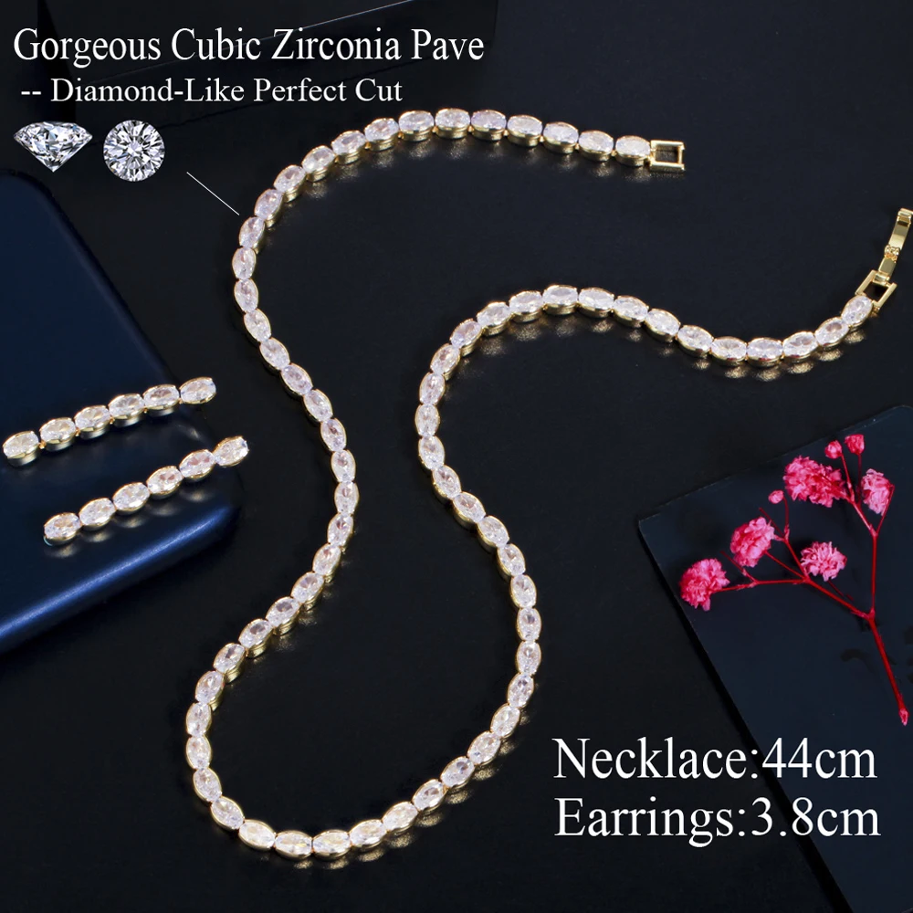 ThreeGraces Brilliant Oval Shape Cubic Zirconia Women Silver Color Dangle Drop Earrings and Necklace Party Jewelry Set T0617