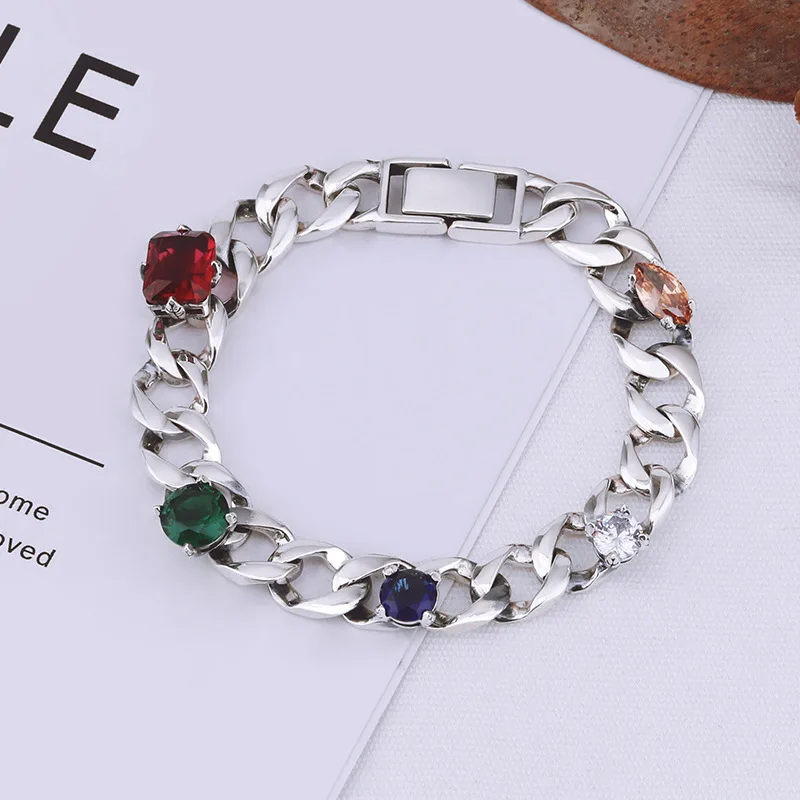 

S925 sterling silver vintage stitching colorful zircon Cuban bracelet 9mm