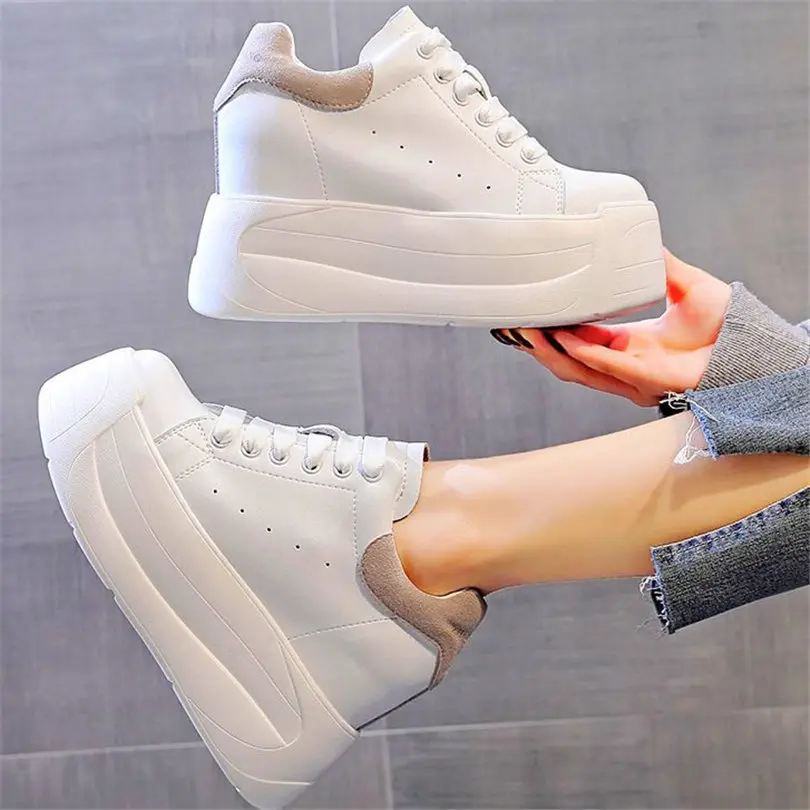 Ankle Boots Women Cow Leather Platform Wedge High Heels Fashion Sneakers Round Toe Lace Up Increasing Height Creepers Party