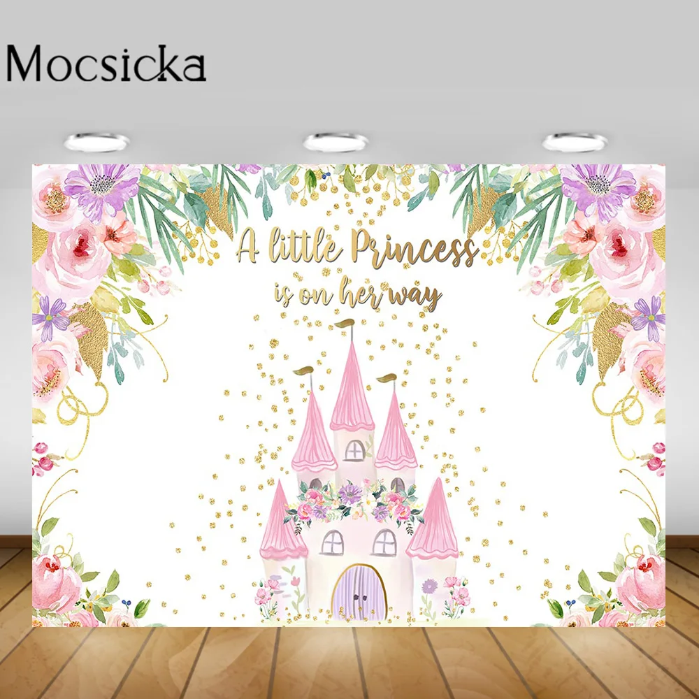 

Mocsicka Little Princess Baby Shower Backdrop Pink Castle Florals Girls Photography Background for Photo Studio Gold Polka Dots