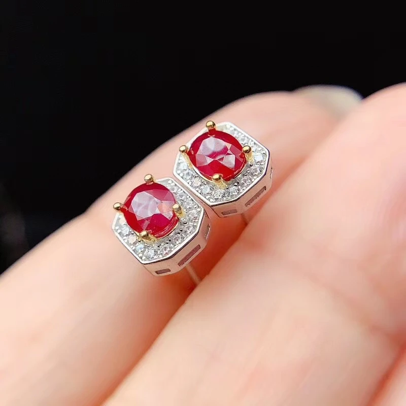 

red ruby gemstone stud earrings for women silver fine jewelry natural gem real 925 silver party gift birthstone good luck