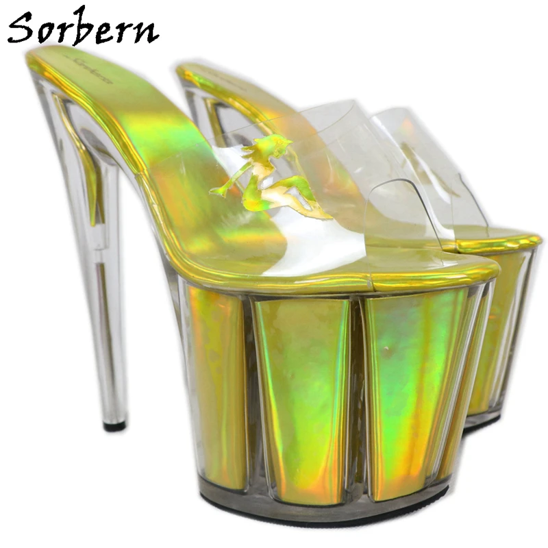 

Sorbern 8 Inch Heel Slipper Women Summer Shoes Holographic Slip On Sandal Sliders Cross Dresser Spike Heel Fetish Platform Shoe