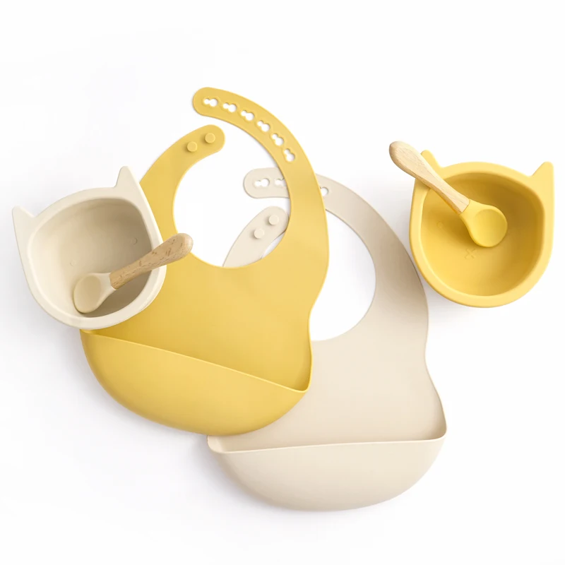 3pcs Cute Cat Silicone Bowl Wooden Handle Spoon Bib Dinnerware Set Non-slip Insulation Easy To Clean Children\'s Products