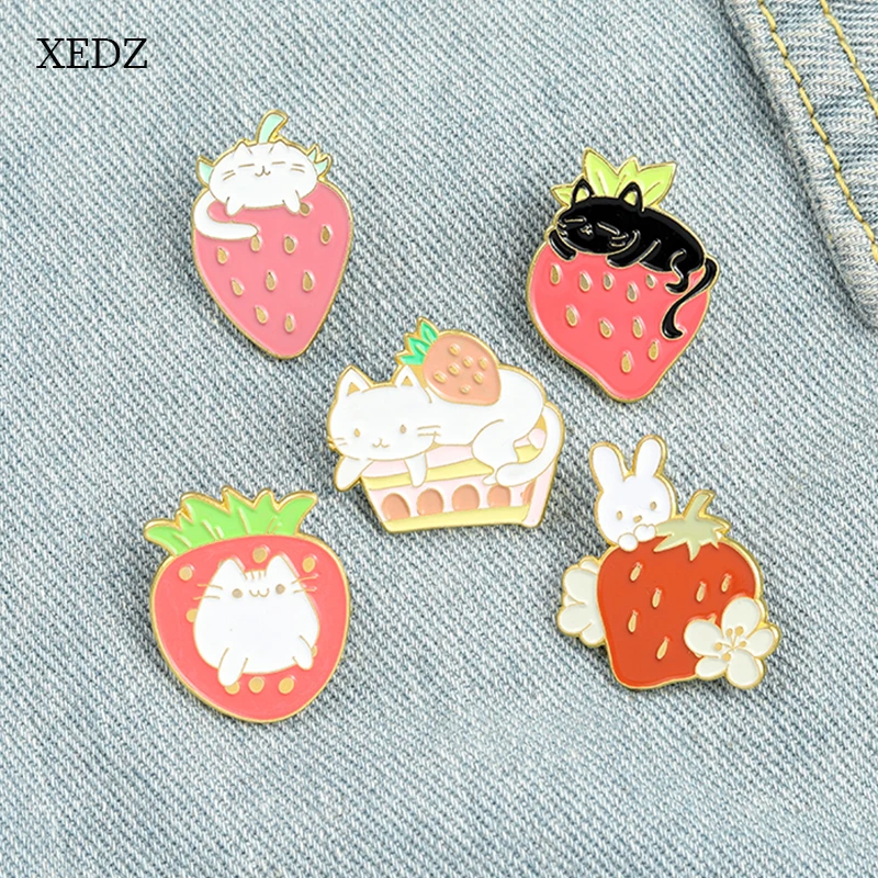 XEDZ Cartoon Pink Strawberry Rabbit Cat Enamel Brooch Fashion Cute Lazy Animal Strawberry Cake Badge Jewelry Children Gift