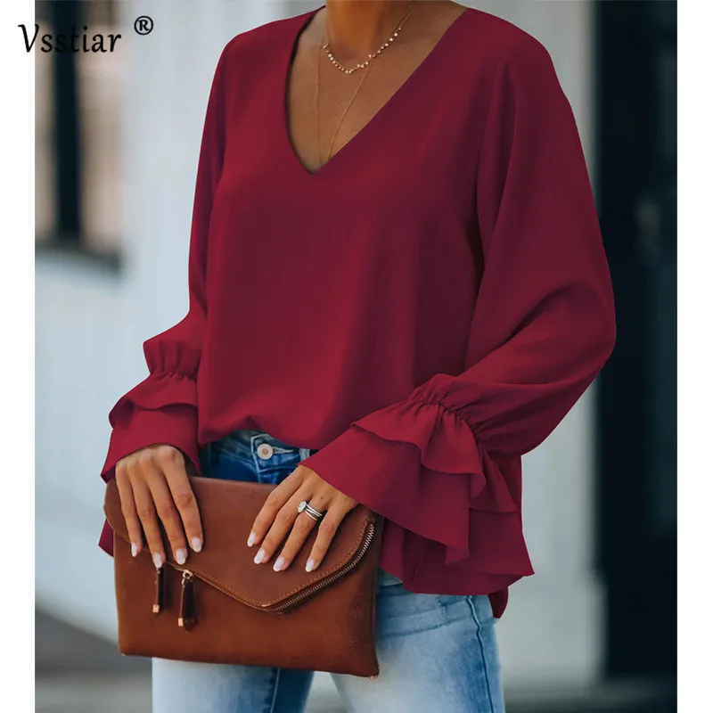 Camisa feminina com babados e manga comprida, blusa solta casual com babados sexy, elegante de escritório, outono e inverno 2020