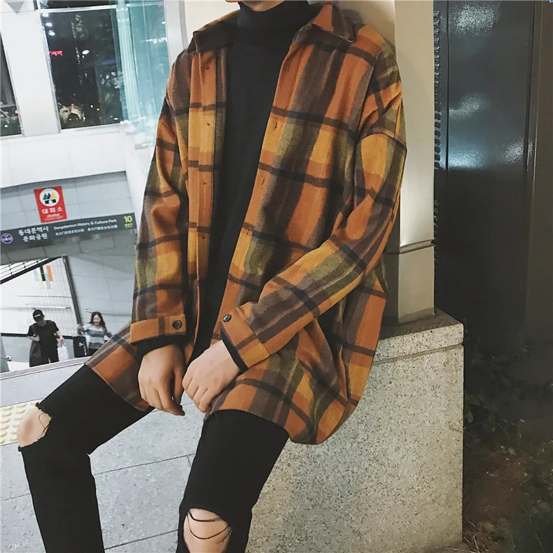 New Fashion Men Plaid Shirt Casual Loose Wool Jacket Coat Men Long Sleeve Shirt Mens Clothing Streetwear