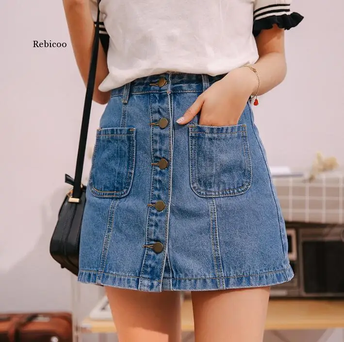 

Denim Skirt High Waist A-Line Mini Skirts Women 2021 Summer New Arrivals Single Button Pockets Blue Jean Skirt Style Jeans