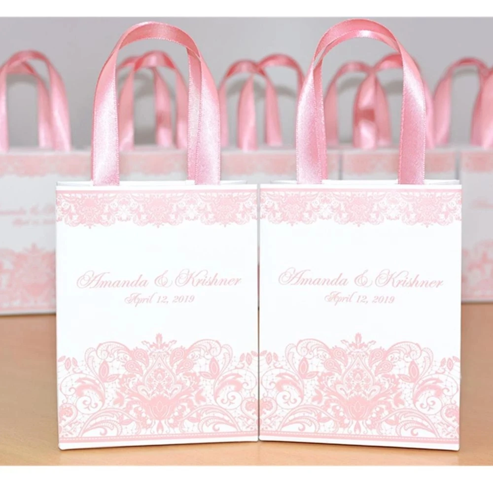 Personalized Blush Wedding Welcome Bags with satin ribbon and your names, Elegant paper bags for wedding favors for guests