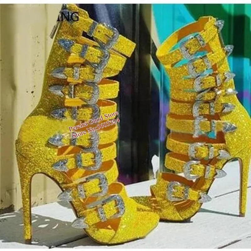 

Wavy Yellow Glitter Strappy Sandals Multi Buckle Strap High Heel Shoes Peep Toe Hollow Sequin Cage Shoes Gladaitor Heels