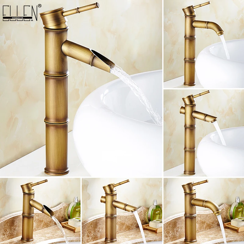 

Antique Brass Waterfall Bathroom Sink Faucet Vessel Tall Bamboo Water Tap Mixer Hot and Cold Single Hole Basin Faucet 7408