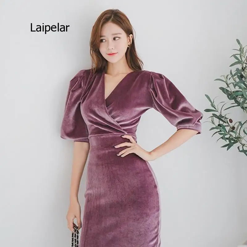 

Elegant Puff Sleeve Velvet Women Dress Slim Waist Evening Special Occasion Mid-Length Dresses Female Pencil Vestidos