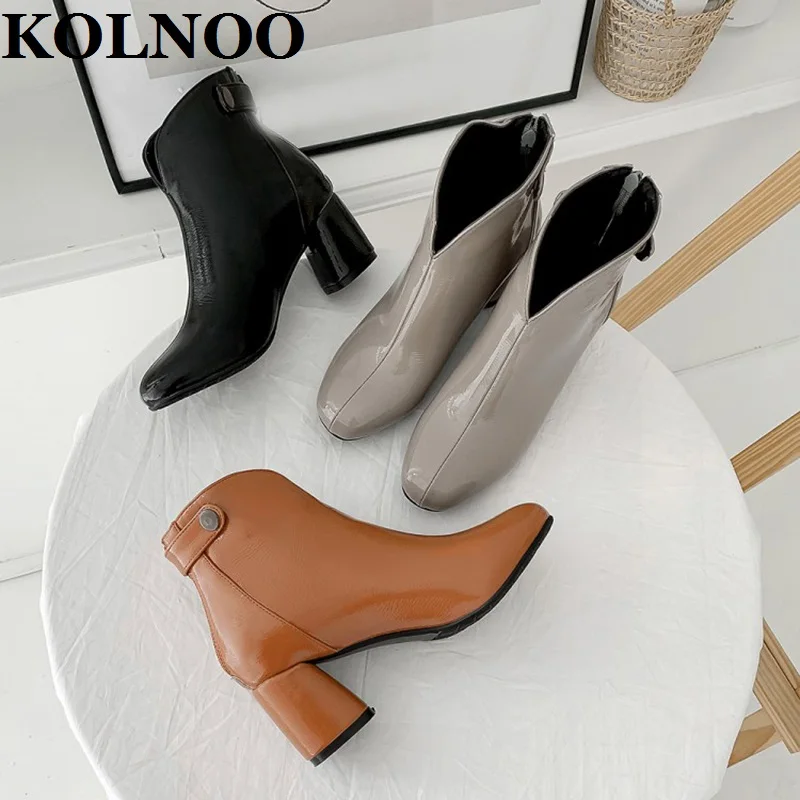 Kolnoo 2022 New Arrival Ladies Chunky Heels Boots Patent Leather Retro British Style Party Prom Ankle Boots Fashion Winter Shoes