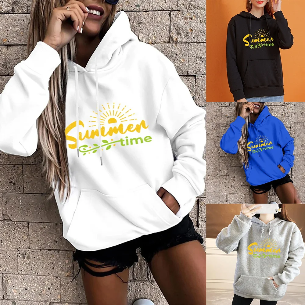 Hoodie Women's Loose Oversized Pocket Sports Hoodie Simple English Printed Top Long Sleeve Tops Sweater Girls Casual Pullover