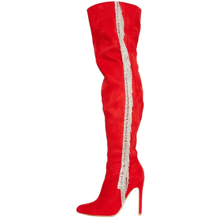 Fashion Woman Bling Crystal Tassel Side Embellished Pointed Toe Thigh Boots Black Red Suede Over Knee Boots Lady Stage Boots